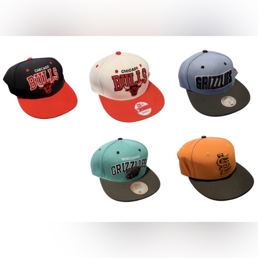 5 HAT LOT , SNAPBACK FITTED, MEMPHIS GRIZZLIES, ST. LOUIS, CHICAGO BULLS